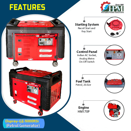 5 KVA Petrol Generator , Model Osprey GE-5000RSi, Recoil & Self Start